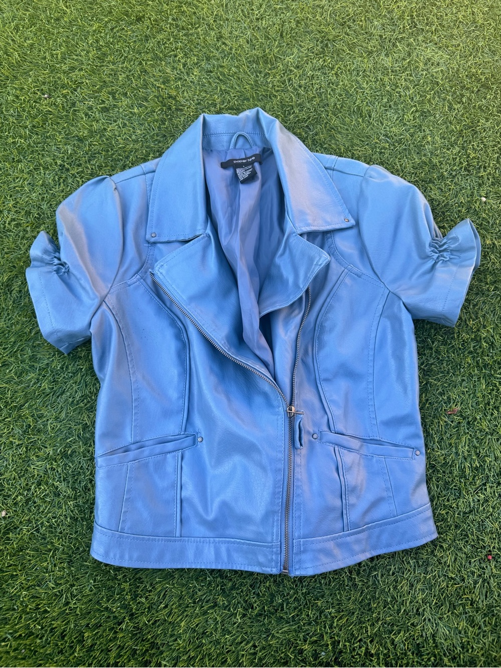 paper tee Light Blue Short-Sleeve Faux Leather Moto Jacket